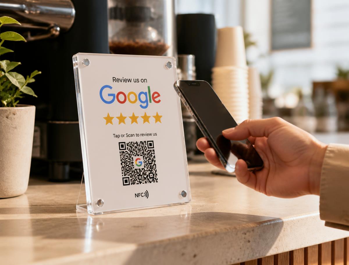 Un client approche son téléphone d'une plaque avis Google posée sur le comptoir d'un café